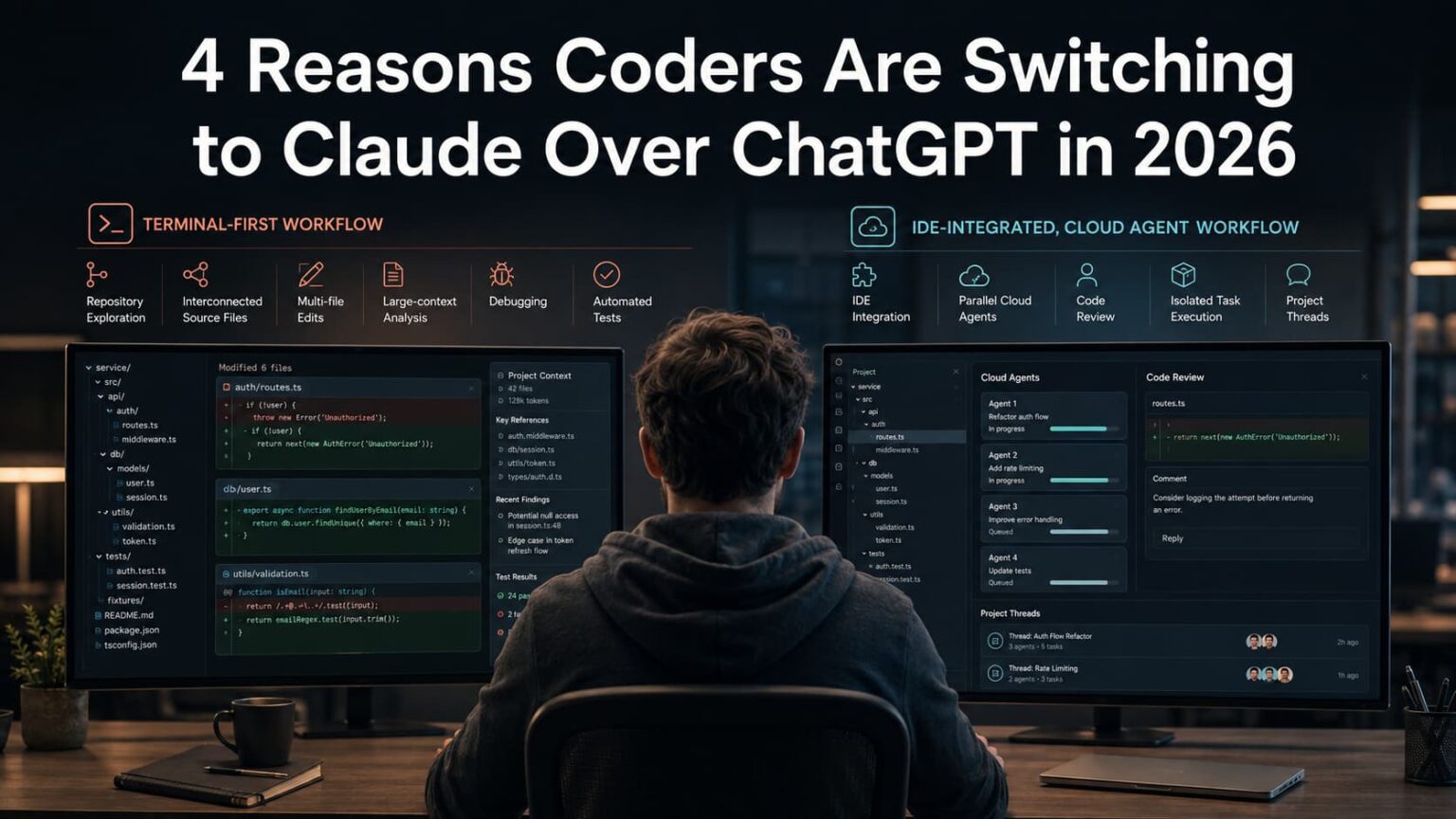 Developer comparing Claude Code and ChatGPT Codex coding workflows in 2026
