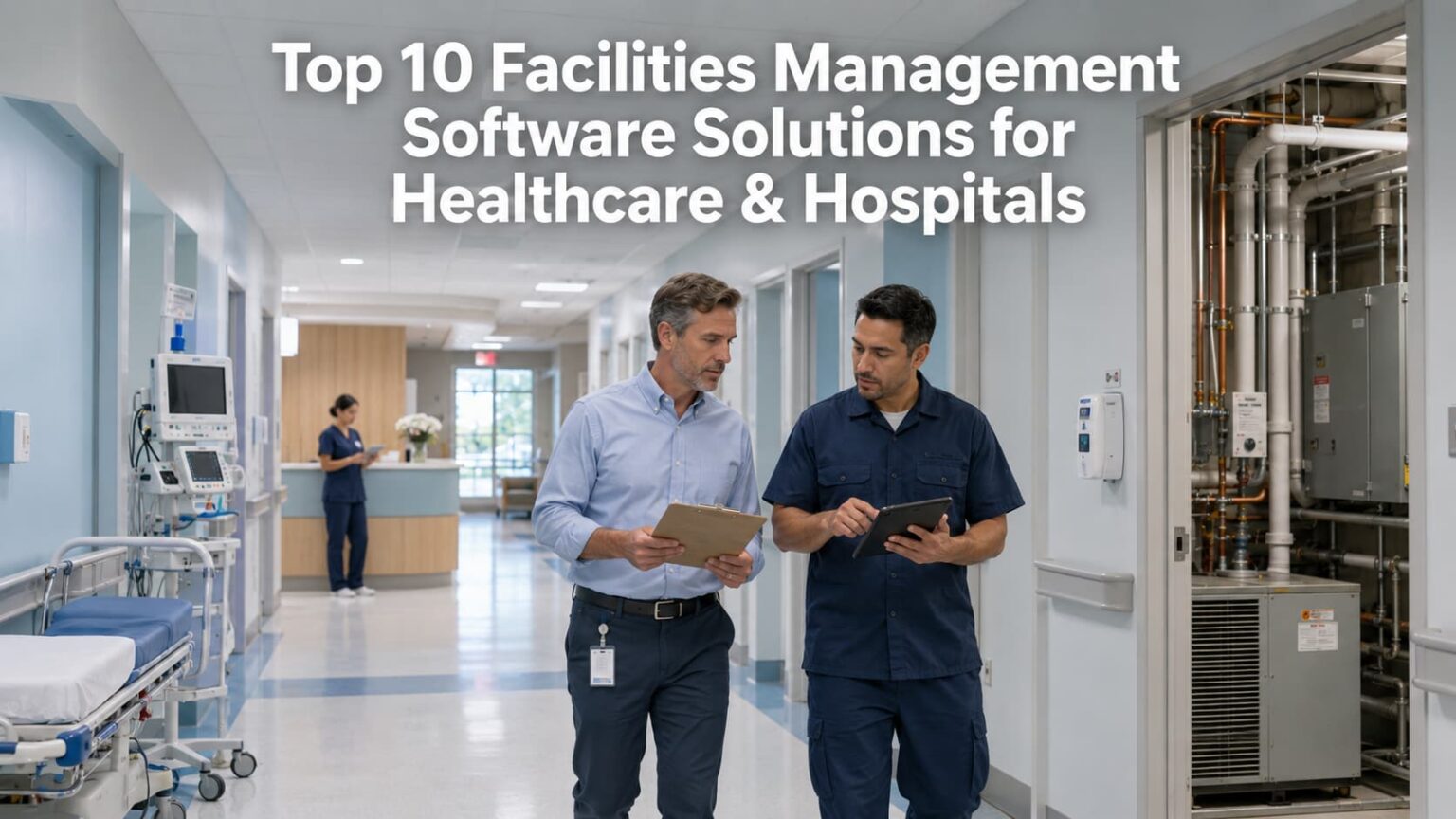 Hospital facilities managers reviewing maintenance software and asset data