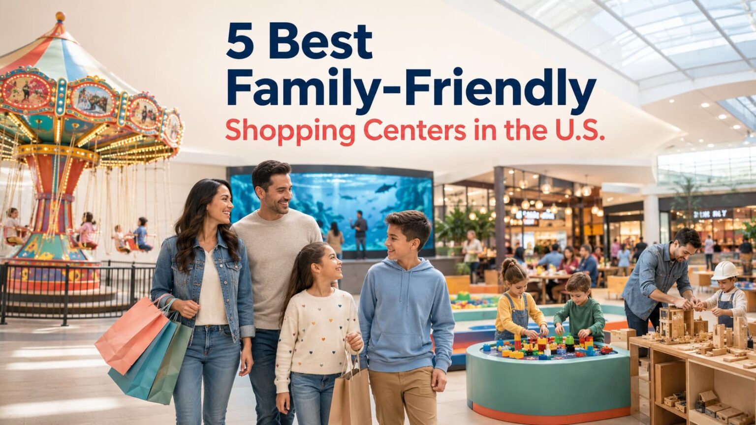 Family enjoying shopping, rides, aquarium exhibits, and indoor kids’ activities at a U.S. shopping center.