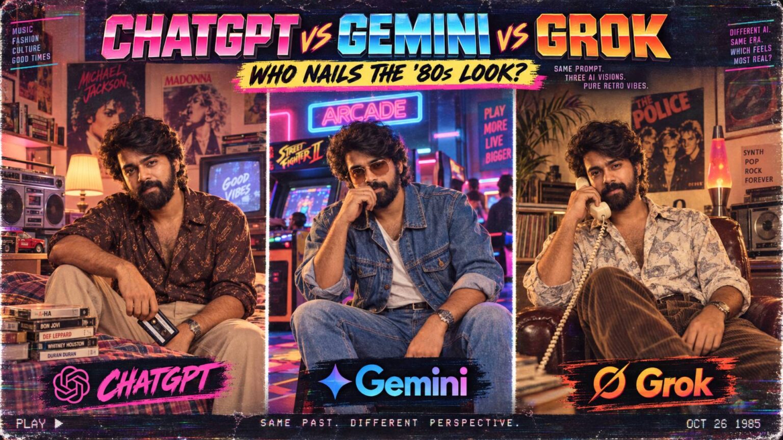 ChatGPT vs Gemini vs Grok: Which AI Gives the Most Convincing ’80s Retro Photo? ChatGPT vs Gemini vs Grok comparison creating an authentic ’80s retro photo