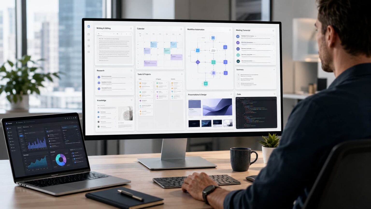 Professional using AI productivity tools for writing, research, scheduling, automation, meetings, project management, design, and coding