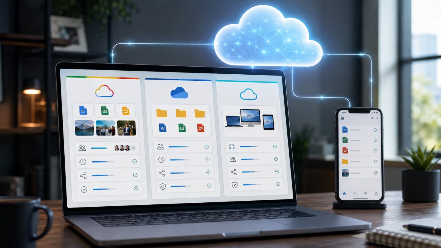 Google Drive, OneDrive, and Dropbox cloud storage services compared on a laptop and smartphone