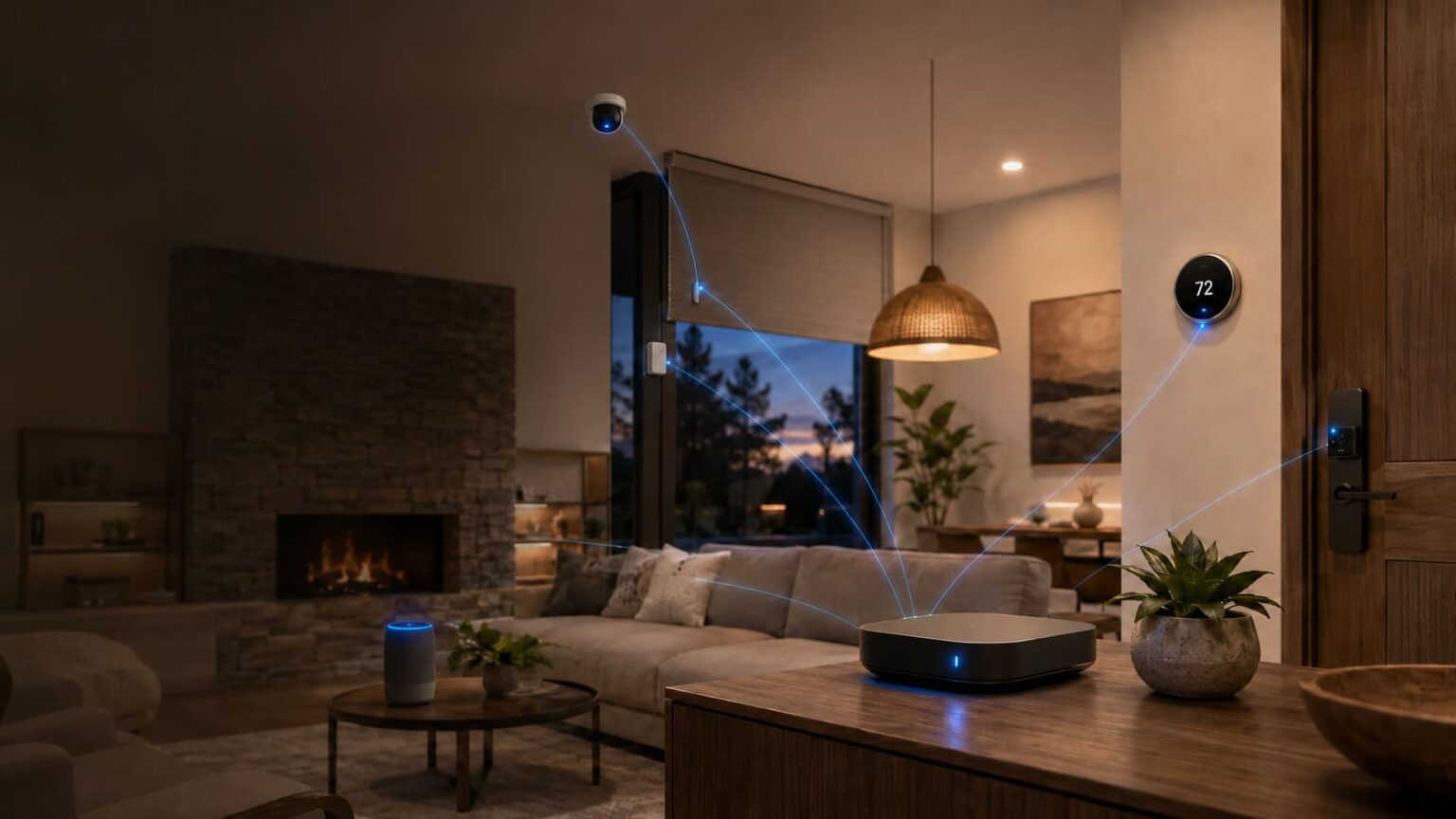 Central smart home hub controlling connected devices in a modern living room