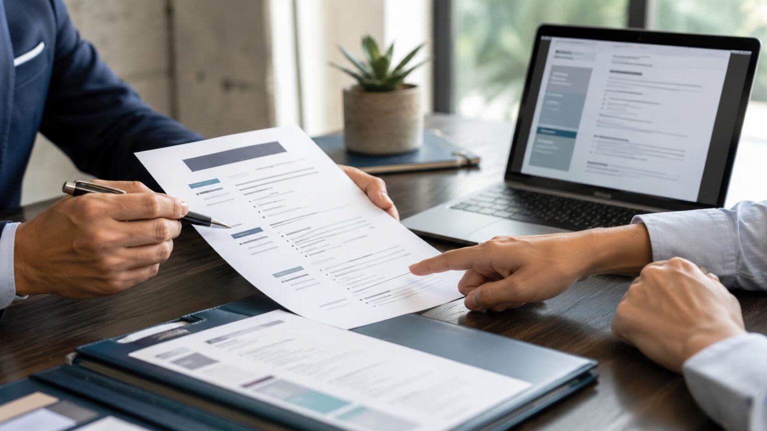 Professional resume being reviewed beside a laptop on a modern office desk