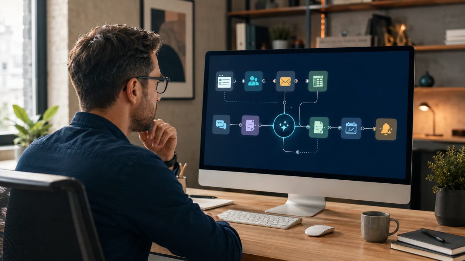 Small-business owner reviewing an AI automation workflow connecting customer records, email, documents, spreadsheets, and team notifications.
