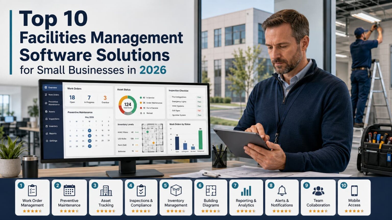 Facility manager reviewing facilities management software for small businesses on a tablet beside a maintenance dashboard